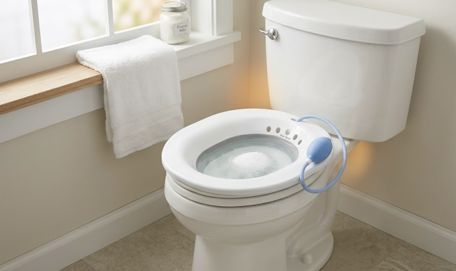 Bidet portatile AquaNési posizionato sulla tazza del water in un bagno luminoso e pulito