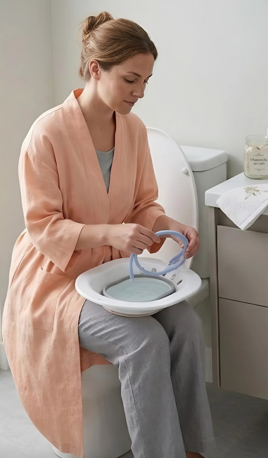 Donna in accappatoio che usa delicatamente il bidet portatile
